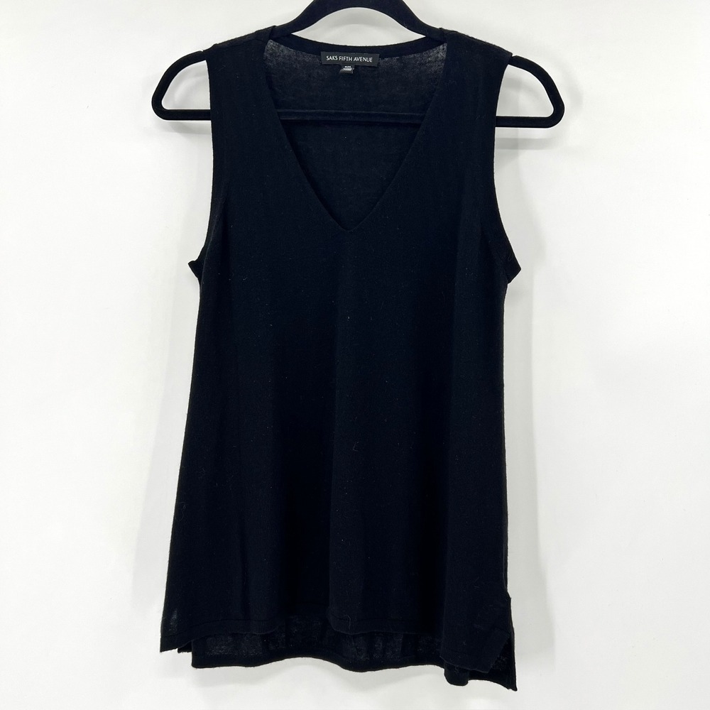 Saks Fifth Avenue Womens Black Wool Cashmere Blend V-Neck Sleeveless Sweater M - Picture 2 of 5